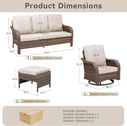 Patio Wicker Chairs Swivel Rocker Outdoor Rocking Chairs Set of 7 Rattan Furniture Set with Thick Cushion, Sofa, Ottomans for Balcony Deck Backyard, Beige