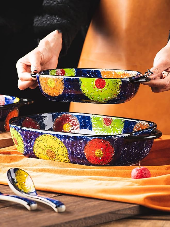 Vintage Style Pottery Bakeware Colorful Daisy Pattern Ceramic Casserole Dish Baking Pan Lasagna Pans Baking Dish with Handles from Oven to Table Plate-1 PCS, 60 OZ