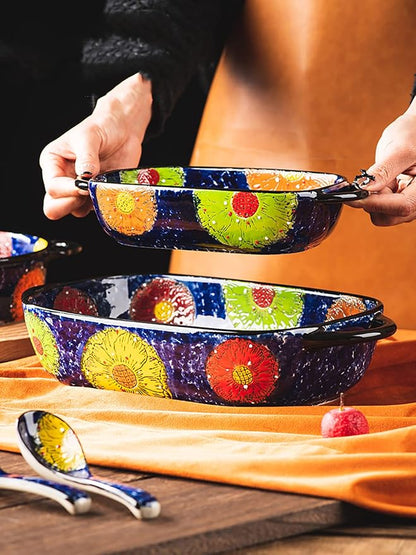 Vintage Style Pottery Bakeware Colorful Daisy Pattern Ceramic Casserole Dish Baking Pan Lasagna Pans Baking Dish with Handles from Oven to Table Plate-1 PCS, 60 OZ