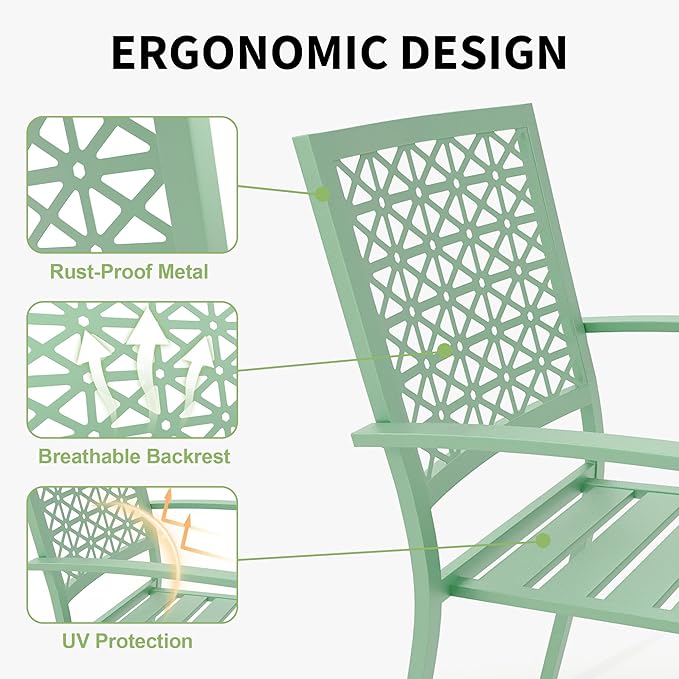 GarveeTech 3 PCS Outdoor Bistro Set, Stackable Modern Metal Steel Table and Chairs, Small Patio Furniture Conversation Set for Porch, Deck, Balcony, Garden, Geometric Decor - Mint Green