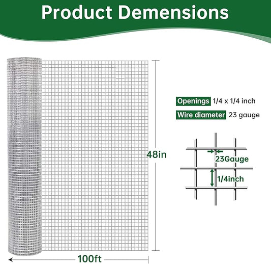 Amagabeli Galvanized Hardware Cloth 1/4 Inch 48in x 100ft 23gauge Chicken Wire Fence Weld Wire Mesh Roll Garden Fencing Plant Supports Poultry Netting Snake Fence Gopher Wire Rabbit cage Tree Guard