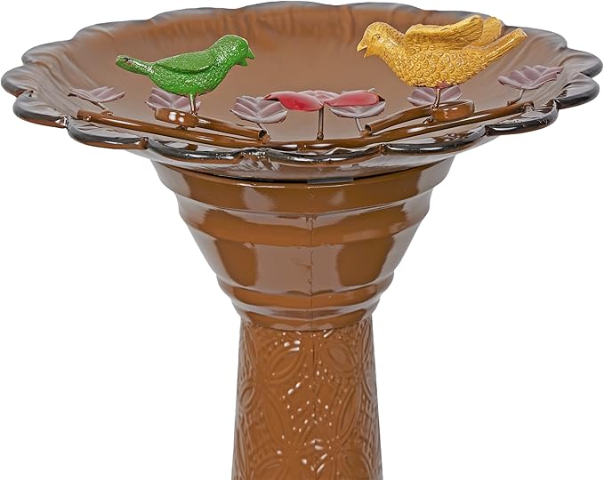 Alpine Corporation ORS112BR Vintage Outdoor Shallow Bowl Metal Pedestal Birdbath with Stand, 28" H, Brown