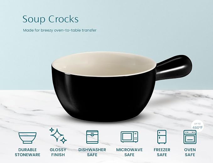 Kook French Onion Soup Crocks, Stackable Ceramic Bowls with Handles, Oven, Microwave and Dishwasher Safe, for Cereal, Soups, Casseroles, with Handle, Stoneware, 24 oz, Set of 4, Black