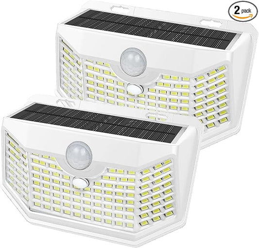 HMCITY 120 LED Solar Lights Outdoor with Motion Sensor and 3 Lighting Modes, IP65 Waterproof Wide Solar Wall Lights Ideal for Garden Patio Yard (Front Button 2Packs, White Shell-Daylight White)