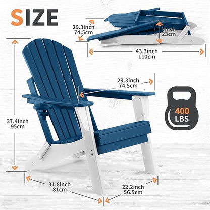 FUNBERRY Folding Adirondack Chair Set of 2, Blue & White All Weather HDPE Fire Pit Chairs with Cup Holder for Outdoor