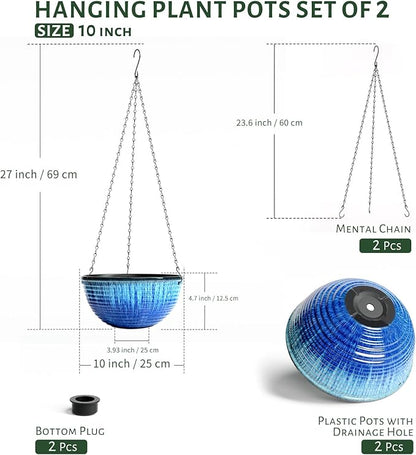 10inch Hanging Planters for Indoor and Outdoor Plants, 2 Pack Hanging Planter with Drainage Hole, Round Hanging Flower Pots for Garden Home Decor (Blue Glaze)