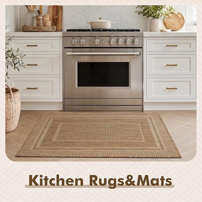 MontVoo-2x3 Outdoor Rug Porch Entryway Rug-Polypropylene Door Mat Indoor Outdoor Entrance Entry Rugs Kitchen Rugs, Textured Weave, Durable, Fade-Resistant, Non-Shedding, Modern Neutral Brown