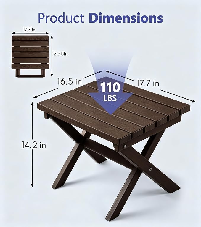 PASAMIC Folding Outdoor Side Table, HDPE Outdoor End Table, All-Weather Patio Table with 17.7" Wide Tabletop, No Assembly, for Porch, Deck, Poolside, Brown