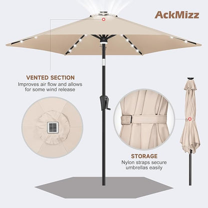 10ft Solar Patio Umbrella - Outdoor Umbrella with Centre Surround Light 24 LED Beads, Market Table Umbrella with Tilt & Crank for Pool, Porch, Garden, Deck, Backyard UV Protection(Beige)