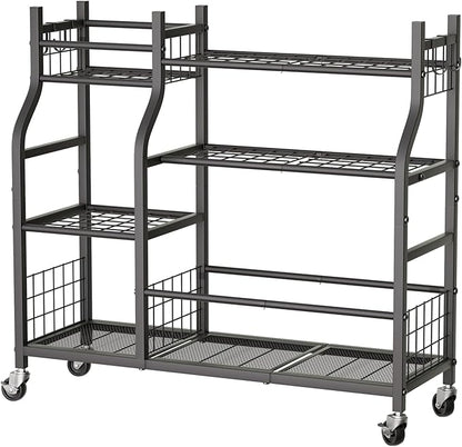 Garden Tool Organizer with Wheels for Garage and Shed, Spacious Tool Storage, Multi-Tier Design with Side Hooks for Rakes, Shovels, Brooms, and Yard Tools Rolling Cart