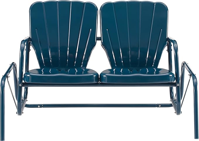 Crosley Furniture Ridgeland Retro Metal Outdoor Loveseat Glider, 2-Person Rocking Patio Bench for Porch, Navy Gloss