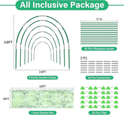 Garden Mesh Netting Kit for Raised Beds, 10x33FT Ultra Fine Mesh Netting& 6 Sets 8FT Fiberglass Garden Hoops, Insect Netting Row Cover, Pest Barrier Protection for Vegetable Fruits Flowers