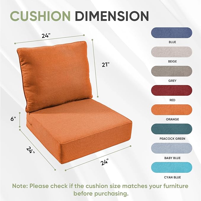 Outdoor Chair Cushions Set of 2, Waterproof 24x24 Patio Chair Cushion, 6" Thickened Seat Cushion for Outdoor Furniture, Couch Cushion Replacement, Include 2 Back & 2 Seat Cushions, Thick/Orange