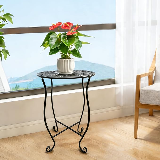 Arbuxzuy 17" Tall Round Metal Outdoor Side Tables for Patio, Decorative Black Flower Pot Stand, Rustproof Potted Holder, 120 lbs Load Capacity