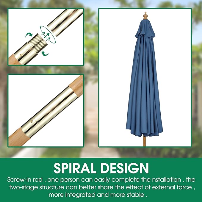 9ft Bamboo Umbrella, Outdoor Patio Umbrella, Waterproof Market Umbrella, 8 Ribs Table Umbrella with Pulley Lift for Garden, Deck, Pool, lawn, Backyard