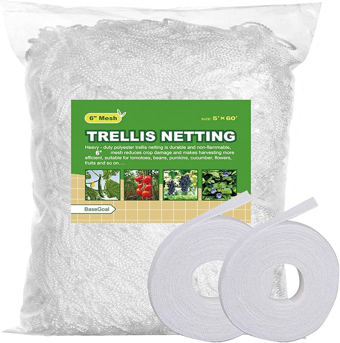 BaseGoal All-Weather Trellis Netting Mesh Plant Garden Vine Growing Flexible String Net (6" Mesh ployester, 5' Wx 60'L)