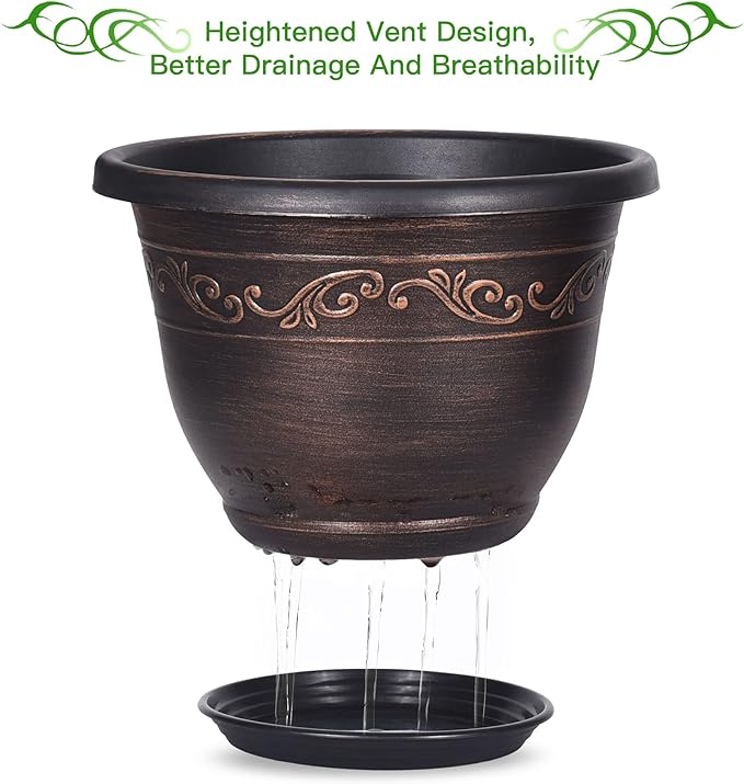 Plastic-Plant-Flower-Planters-10 Inch With Drainage Hole & Saucer, 3 Packs Lightweight Small Resin Flower Pot Indoor Outdoor, Retro Antique Imitation Decorative Garden Containers Sets For Houseplants