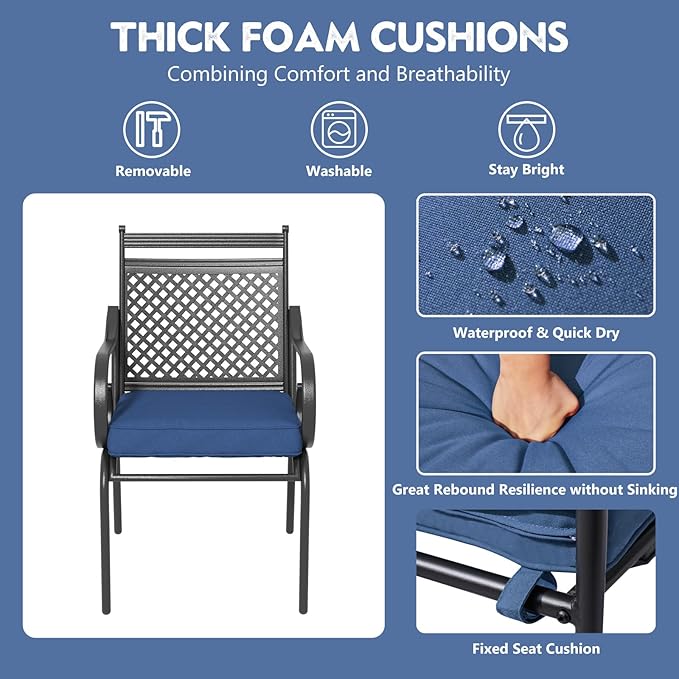 MELLCOM Patio Dining Chairs Set of 8, Heavy Duty Outdoor Dining Chairs with Armrests and Cushions, Iron Metal Patio Chairs for Outside, Garden Lawn & Porch, Backyard, Blue