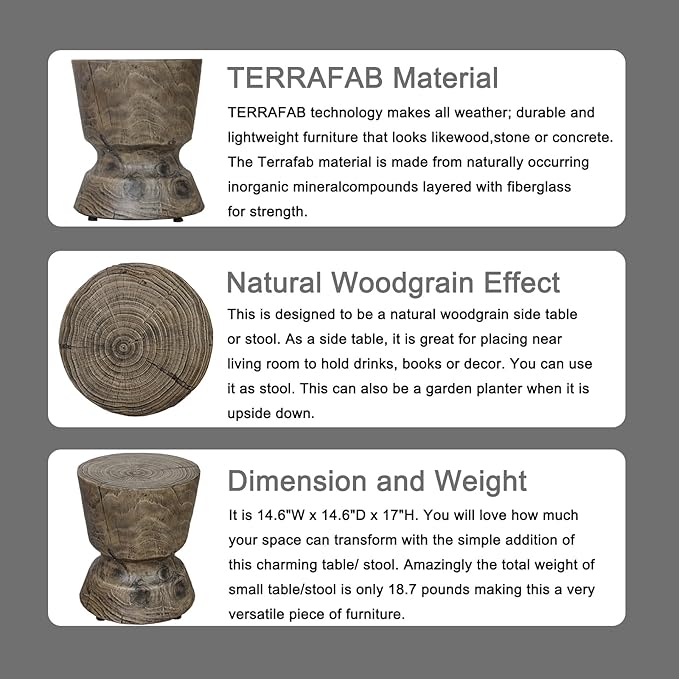 Afterglow Terrafab Material Round Side Table, Natural Wood Look Decorative Garden Stools for Living Room Bedroom Patio Home Decor,Wood Grain Grey