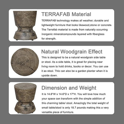 Afterglow Terrafab Material Round Side Table, Natural Wood Look Decorative Garden Stools for Living Room Bedroom Patio Home Decor,Wood Grain Grey