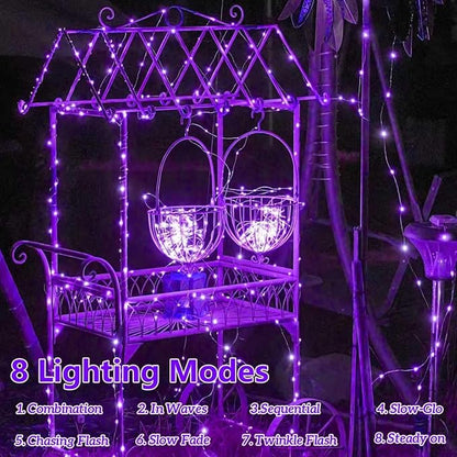 YEGUO 4 Pack Purple Solar Fairy Lights, Each 33ft 100 LED Christmas Lights Outdoor Waterproof, 8 Modes Sliver Wire Solar String Lights