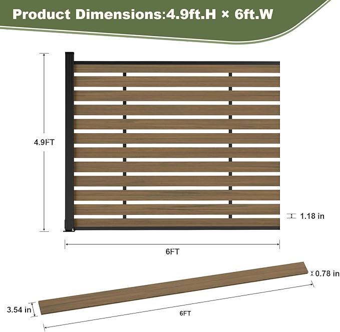 Outdoor Privacy Fence WPC, AC Unit Air Conditioner Screen 5 FT(H) x 6 FT(W) Trash Can with Aluminum Alloy Post, Decorative Fencing, Brown with 1 Post