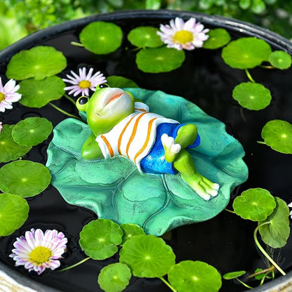 Sungmor Floating Resin Frog Figurine - Pond Decor with Water Floating Lotus Leaf and Frog Ornament - Outdoor Garden Decoration