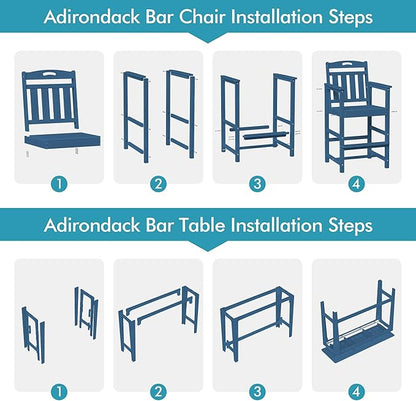 Ciokea Heavy-Duty Outdoor Bar Set, Rectangle High Top Table and 2 Oversized Adirondack Chairs Set, HDPE Modern Patio Bar Set for Outside Bistro Backyard Balcony Deck Outside, Navy Blue