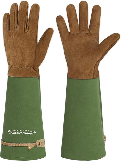 HANDLANDY Long Gardening Gloves for Men & Women, Pigskin Leather Rose Pruning Gloves, Breathable Thorn Proof Gauntlet Glove (Moss Green, S)