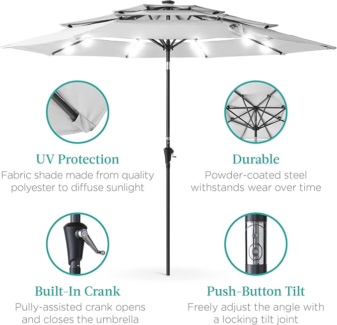 Best Choice Products 10ft 3-Tier Solar Patio Umbrella, Outdoor Market Sun Shade for Backyard, Deck, Poolside w/ 24 LED Lights, Tilt Adjustment, Easy Crank, 8 Ribs - Fog Gray