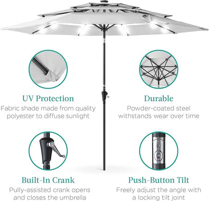 Best Choice Products 10ft 3-Tier Solar Patio Umbrella, Outdoor Market Sun Shade for Backyard, Deck, Poolside w/ 24 LED Lights, Tilt Adjustment, Easy Crank, 8 Ribs - Fog Gray