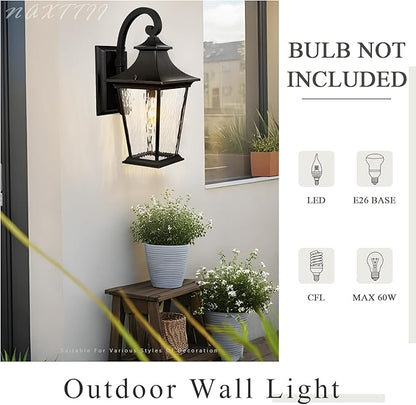 Outdoor Porch Light Waterproof Outdoor Wall Sconce Light with Water Ripple Glass Black Outdoor Light Fixtures Wall Mount 18 Inch Height E26 Socket