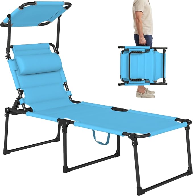 Outsunny Outdoor Lounge Chair, Adjustable Backrest Folding Chaise Lounge, Cushioned Tanning Chair with Sunshade Roof & Pillow Headrest for Beach, Camping, Hiking, Light Blue