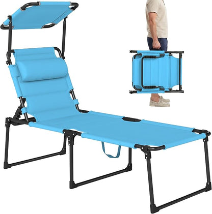 Outsunny Outdoor Lounge Chair, Adjustable Backrest Folding Chaise Lounge, Cushioned Tanning Chair with Sunshade Roof & Pillow Headrest for Beach, Camping, Hiking, Light Blue