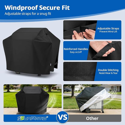 SunPatio Barbecue Grill Cover 65 Inch, Outdoor Heavy Duty Waterproof Charcoal Gas Grill Cover, Fade Resistant, All Weather Protection Compatible for Weber Charbroil Nexgrill and More, Black