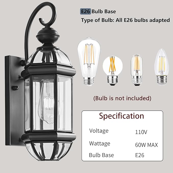 Milaii Outdoor Light Fixture 17" Copper Exterior Wall Lights Black Lantern Porch Light IP65 Waterproof Outdoor Wall Light for House Patio Garage Entryway