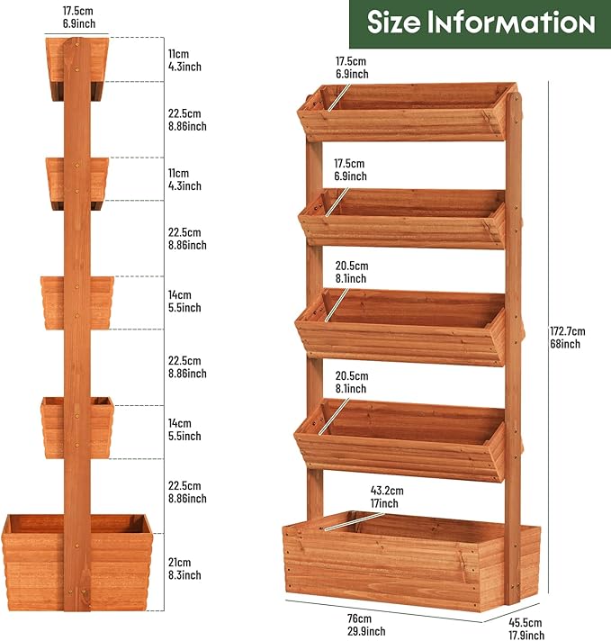 Vertical Wooden Raised Garden Bed, Garden Planters Freestanding Wood Plant Stand Flower Rack Wooden Planter Box for Plants Herbs Flowers Vegetables Outdoor Indoor Gardening (5-Tier Brown)