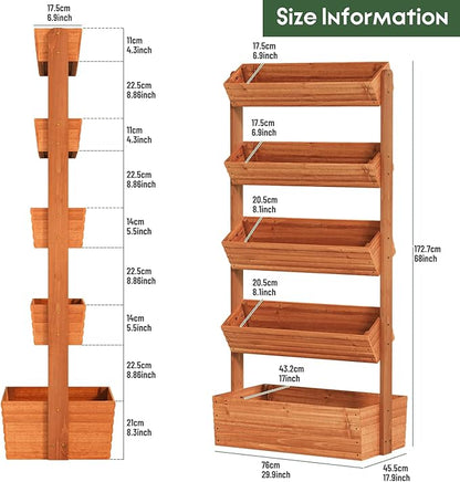 Vertical Wooden Raised Garden Bed, Garden Planters Freestanding Wood Plant Stand Flower Rack Wooden Planter Box for Plants Herbs Flowers Vegetables Outdoor Indoor Gardening (5-Tier Brown)