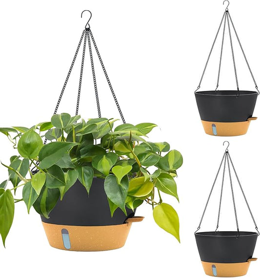 ZMTECH 3 Pack 12 Inch Hanging Planters for Indoor Plants, Large Self Watering Hanging Planter with Visible Water Level & Heavy Duty Chain, Dark Gray Outdoor Flower Pots