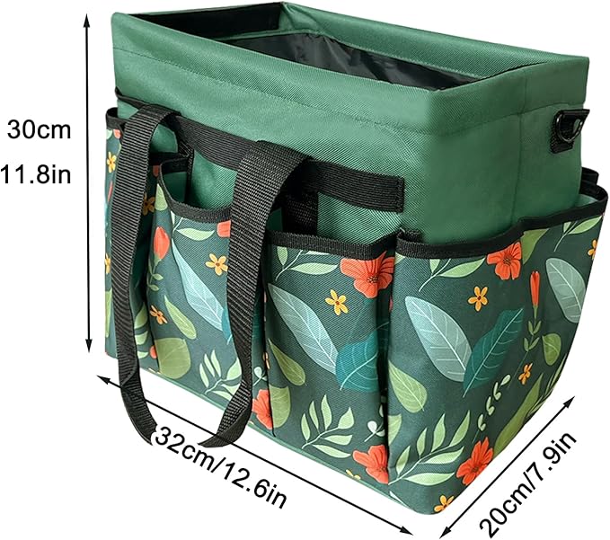 Standable Garden Tool Bag for Women, Oxford Multi-Pocket Gardening Tote with Hard Bottom & Adjustable Shoulder Strap
