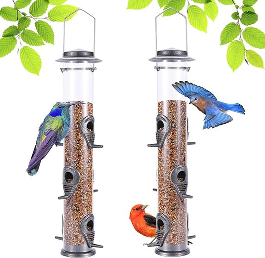 Metal Bird Feeder Tube Hanging Wild Bird Seed Feeder Aluminum Six Port Bird Feeders,1.4 mm Extra Thick Solid Tube Transparent with Steel Hanger Great for Attracting Birds (Grey 2PK)