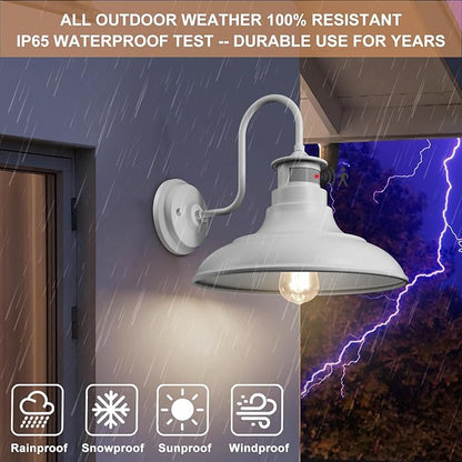 2 Pack Farmhouse Gooseneck Wall Sconce Barn Lights,Motion Sensor and Dusk to Dawn Outdoor Wall Mount Lighting Fixtures,3 Modes Exterior Porch Light IP65 Waterproof E26 Matte White Wall Lamp for Patio