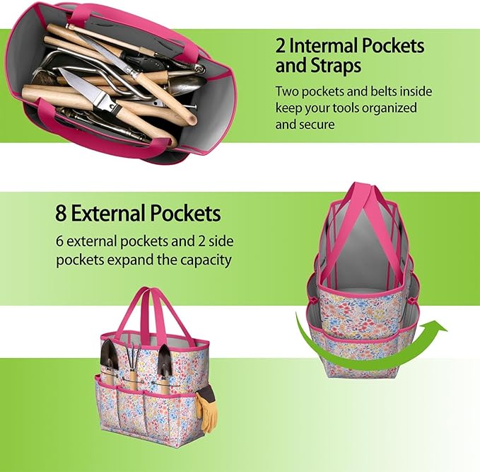 Boho Garden Tool Bag - Waterproof Floral Garden Tote with 8 Pockets, Large Storage Home Organizer Gardening Tool Oxford Bag for Garden Tools Kits Holder, Ideal Outdoor Gardening Gift for Women & Men