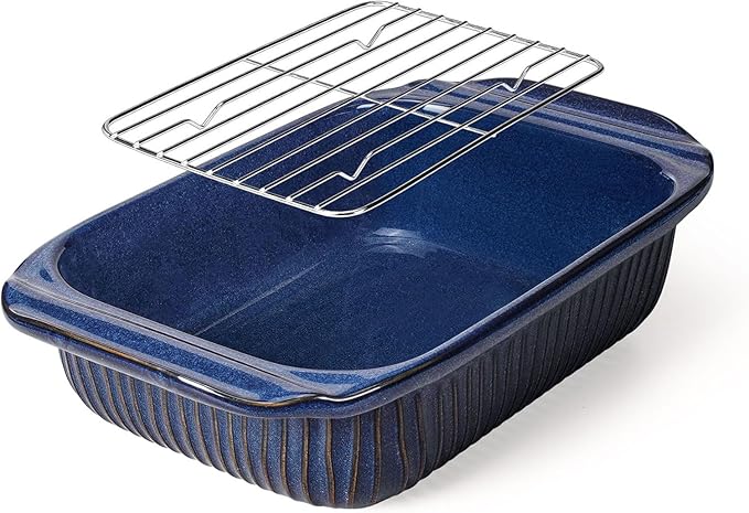 Artena Baking Dish 2.3 Quarts, Casserole Dishes For Oven, Baking Pan With Handles, Lasagna Pan Deep, Large Casserole Dish, Rectangular Ceramic Bakeware (Blue, With Rack)