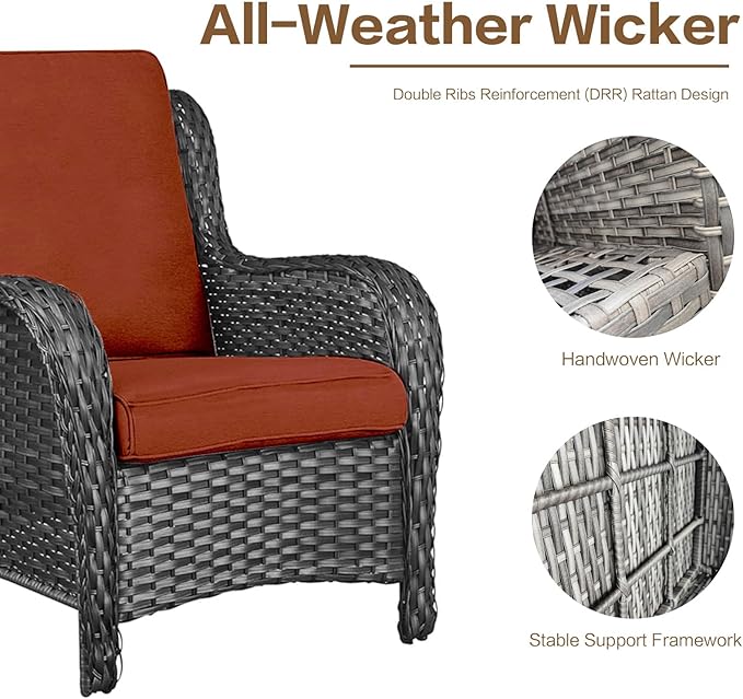 3 Pieces Patio Furniture Conversation Set PE Rattan Wicker Outdoor with 2 Armrest Chair and 1 Coffee Side Table, Soft Thick Washable Cushion for Yard Backyard Poolside Garden (Grey/Orange)