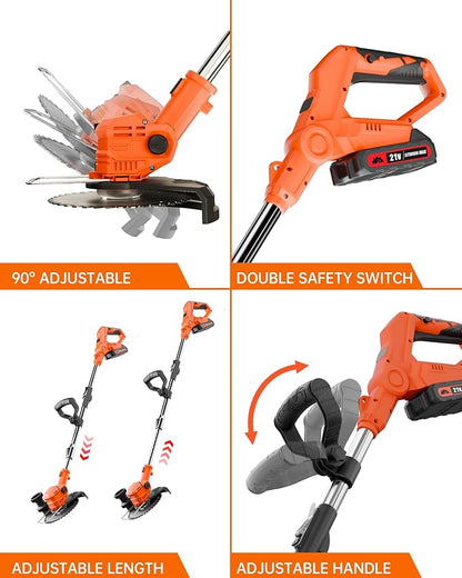 21V Electric Weed Wacker, 3 in 1 Lightweight Cordless Weed Eater, Grass Weed Trimmer/Edger/Lawn Mower/Brush Cutter with 2 x 2.0Ah Batteries and 3 Types Blade for Garden and Yard