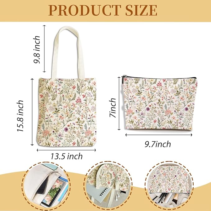 Flower Plant Lover Gifts for Women Canvas Tote Bag with Makeup Bag Cosmetic Bags Grocery Bags for Shopping Christmas