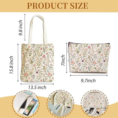 Flower Plant Lover Gifts for Women Canvas Tote Bag with Makeup Bag Cosmetic Bags Grocery Bags for Shopping Christmas
