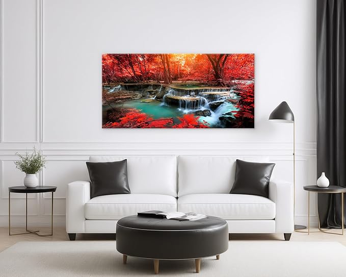 Muolunna BK03998 Wall Art Decor Canvas Print Picture Red Forest Waterfalls 1 Piece Modern Landscape Tree for Living Room Bedroom Office Home Decorations Stretched and Framed Ready to Hang
