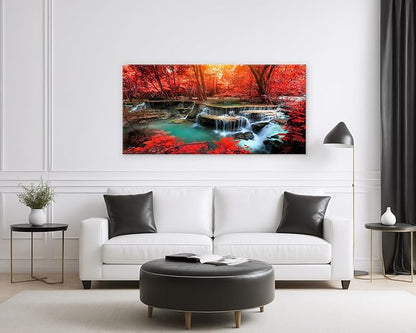 Muolunna BK03998 Wall Art Decor Canvas Print Picture Red Forest Waterfalls 1 Piece Modern Landscape Tree for Living Room Bedroom Office Home Decorations Stretched and Framed Ready to Hang